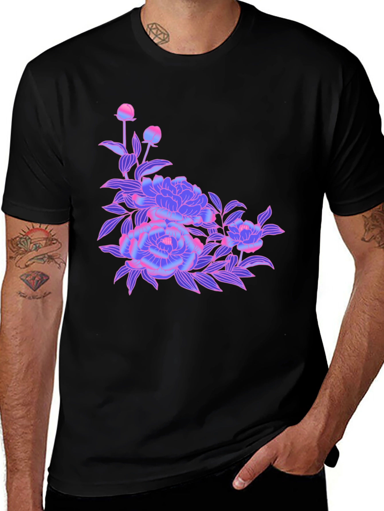Black T-Shirt with Neon Floral Design