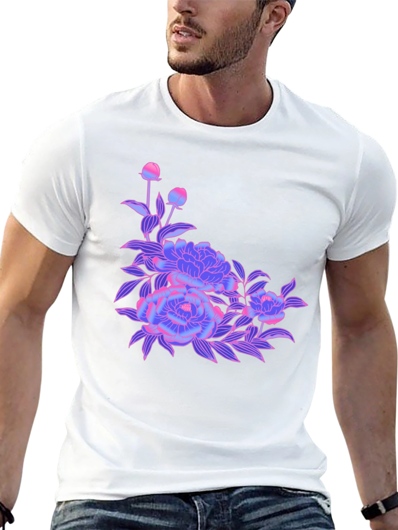 Black T-Shirt with Neon Floral Design