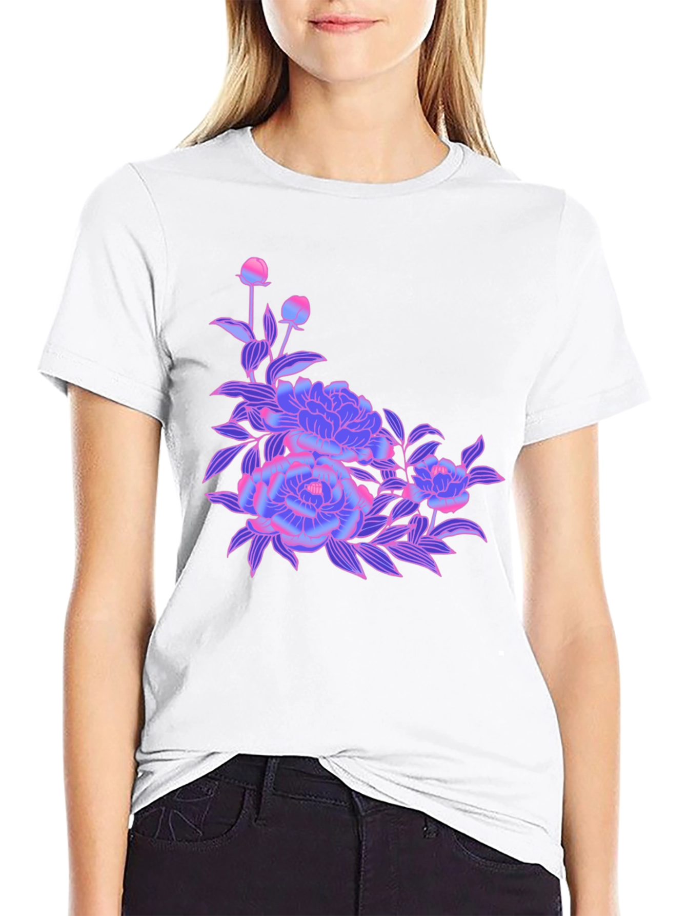 Black T-Shirt with Neon Floral Design