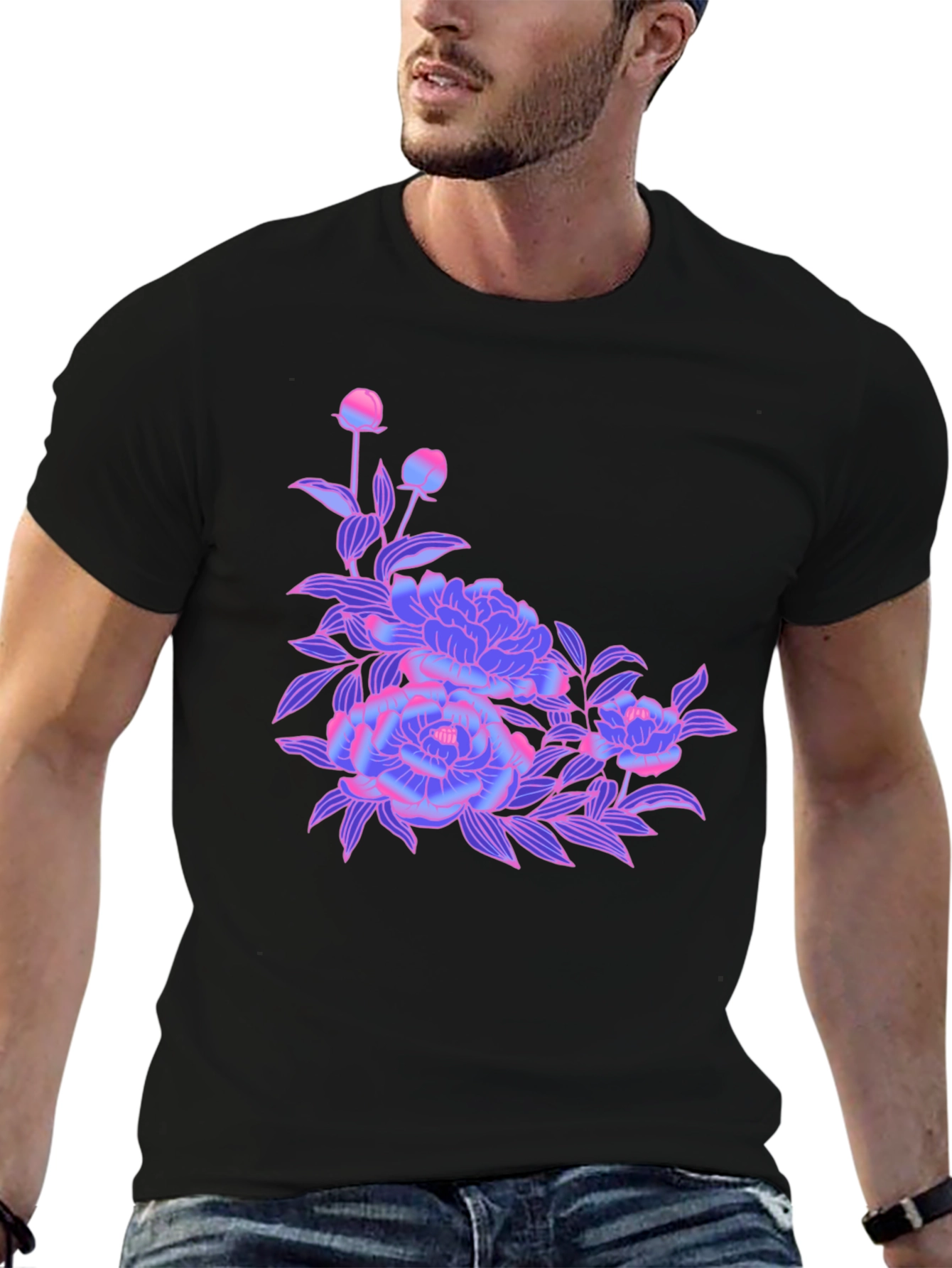 Black T-Shirt with Neon Floral Design