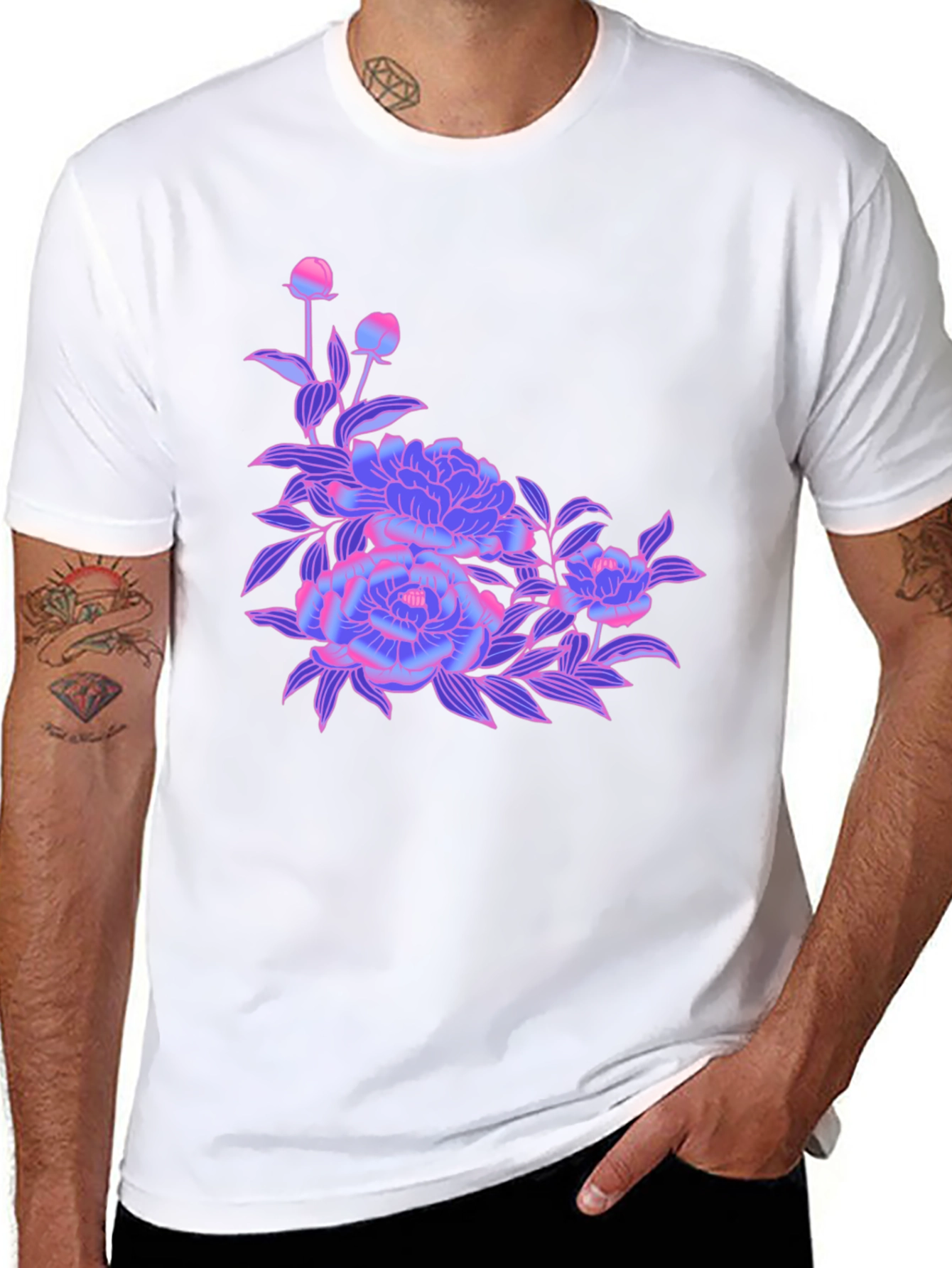 Black T-Shirt with Neon Floral Design