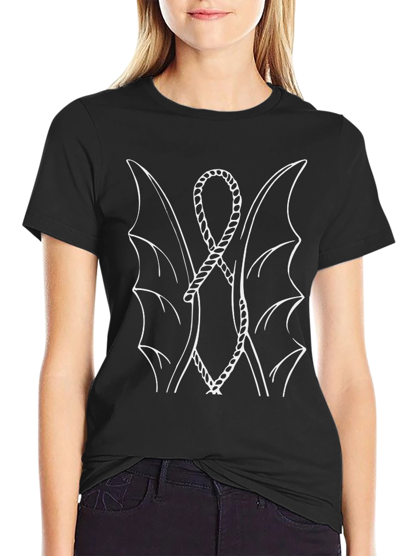 Unique Bat Wing Rope Design Black T-Shirt