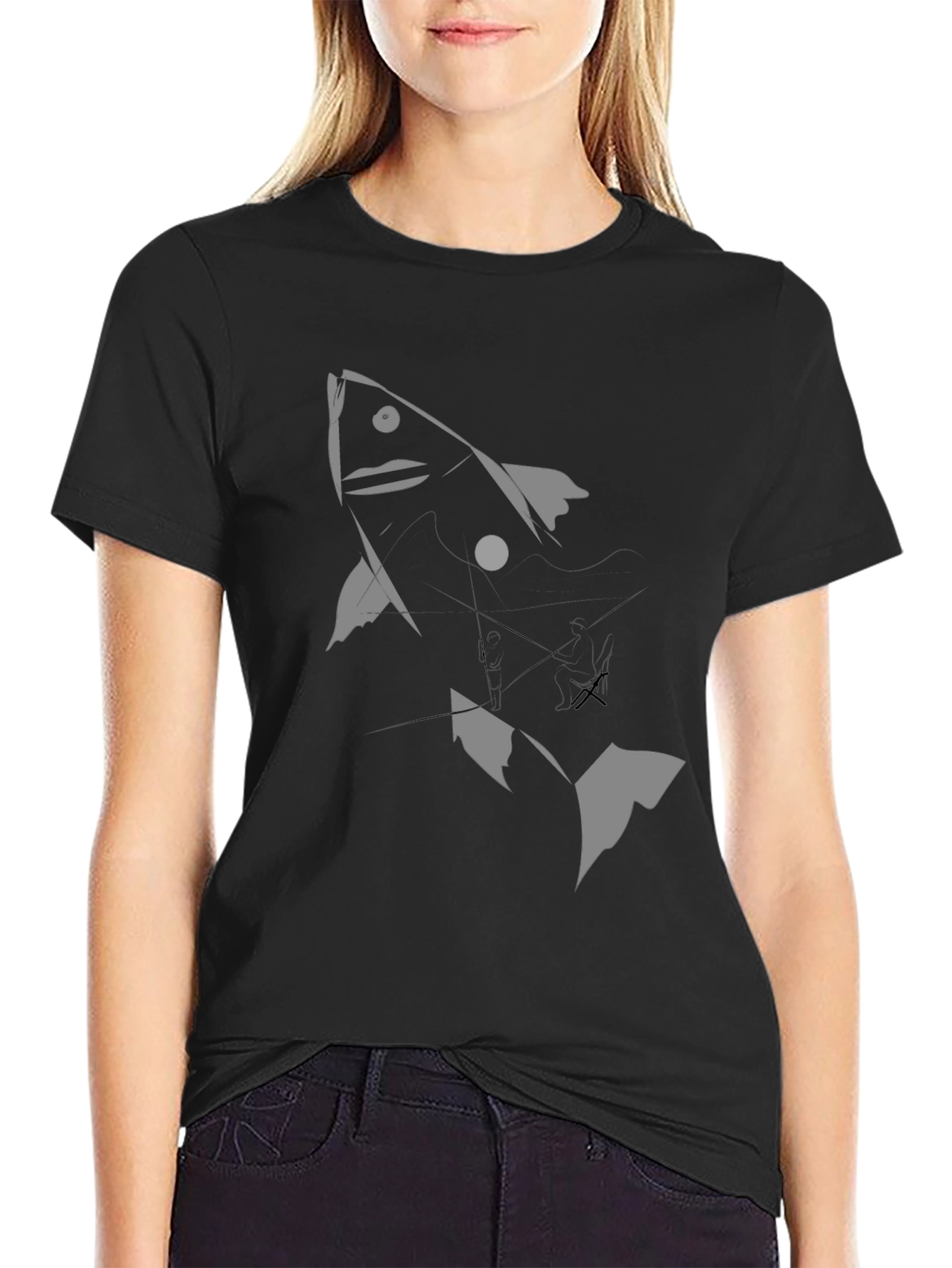 Black Graphic Tee - Abstract Fish Design