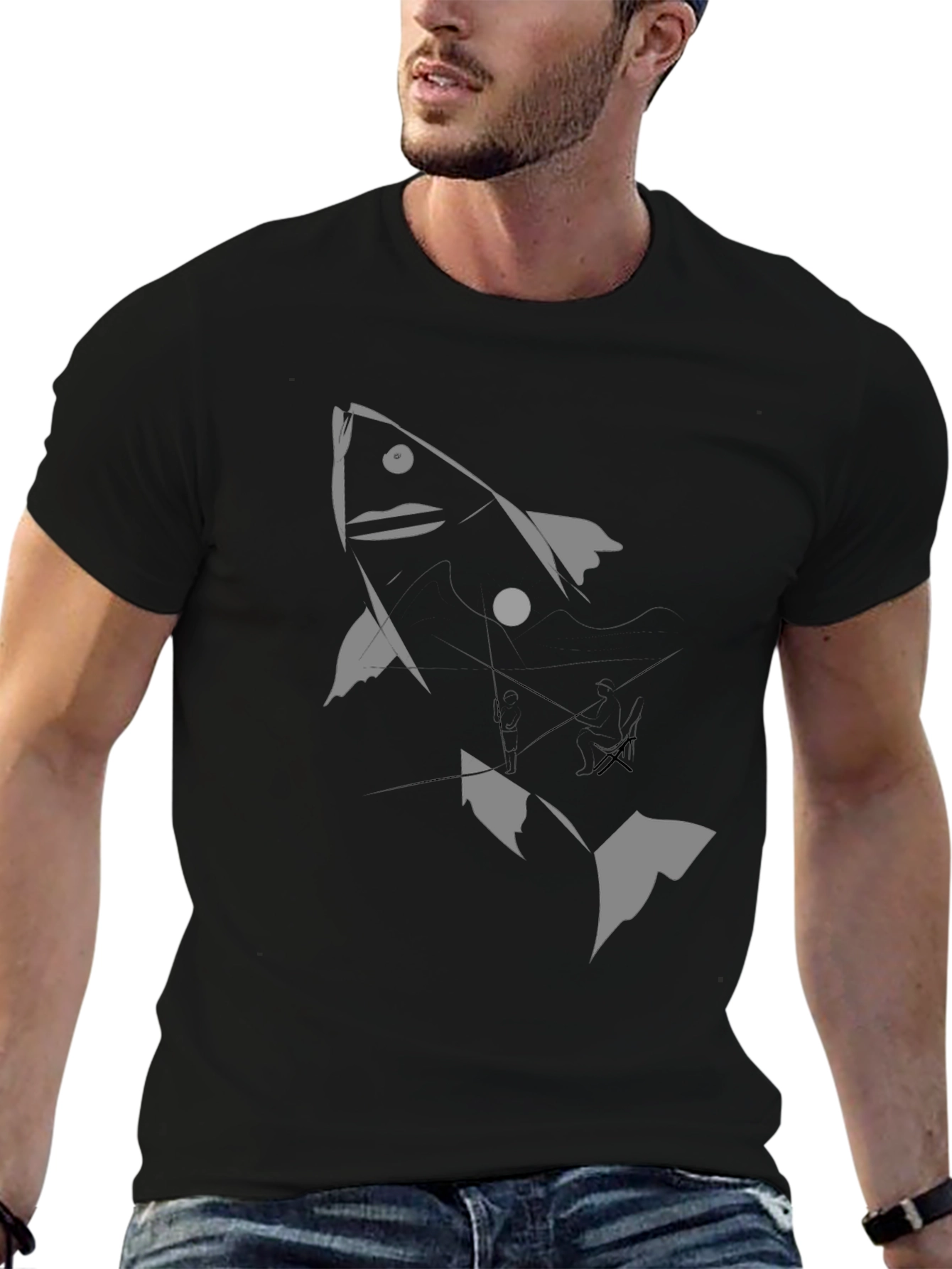 Black Graphic Tee - Abstract Fish Design
