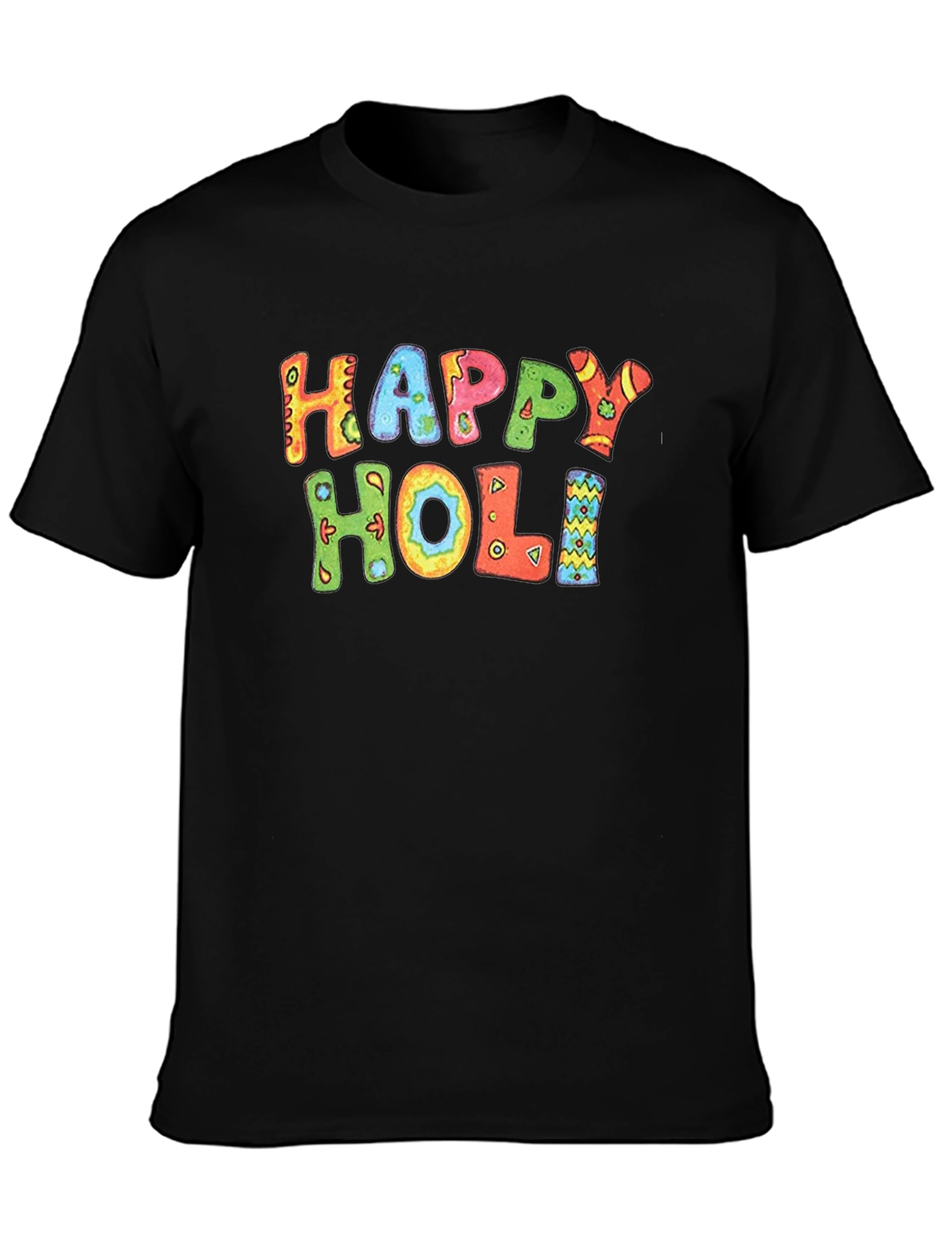Happy Holi Graphic Tee - Black Cotton Casual T-Shirt