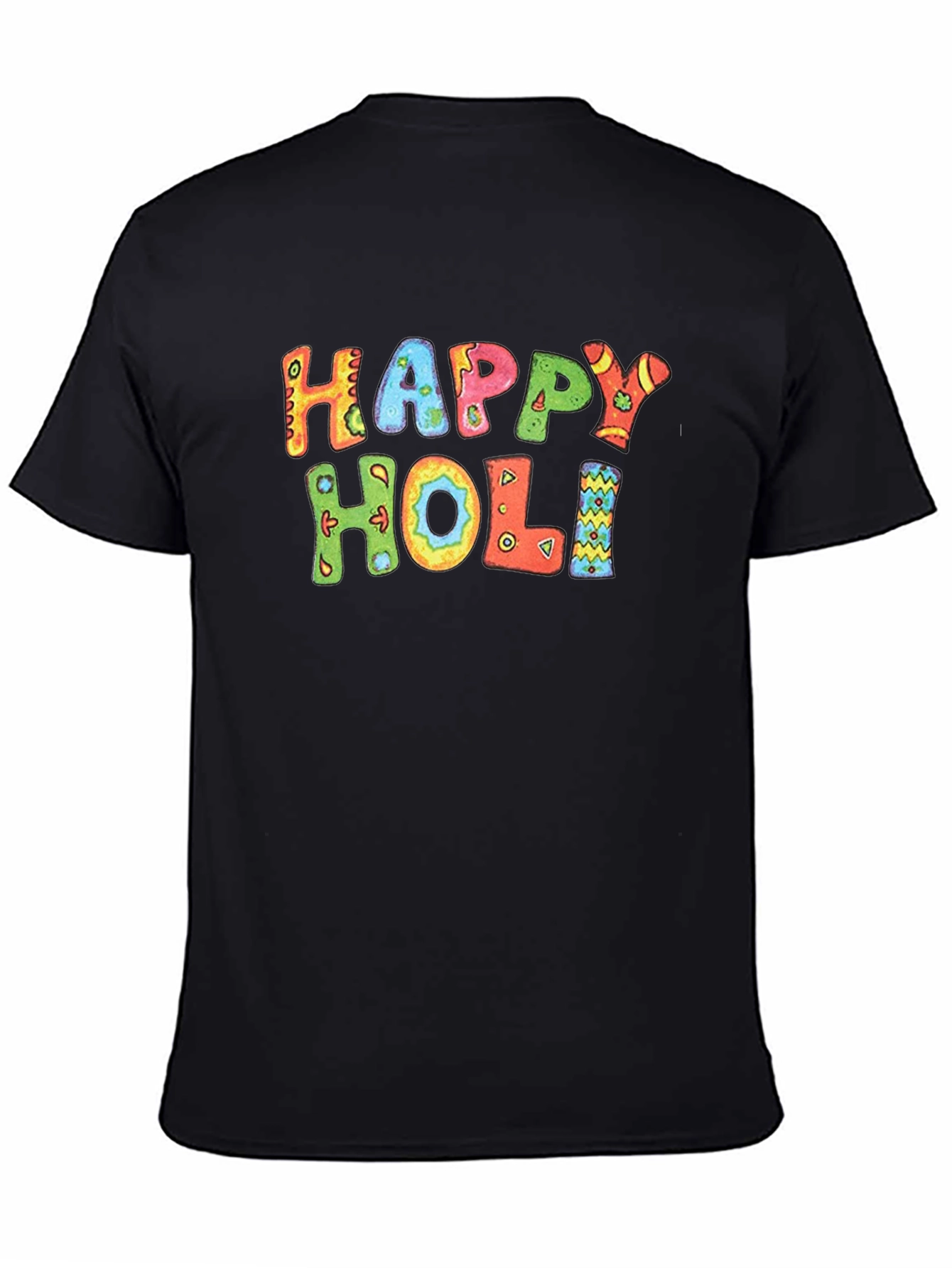 Happy Holi Graphic Tee - Black Cotton Casual T-Shirt