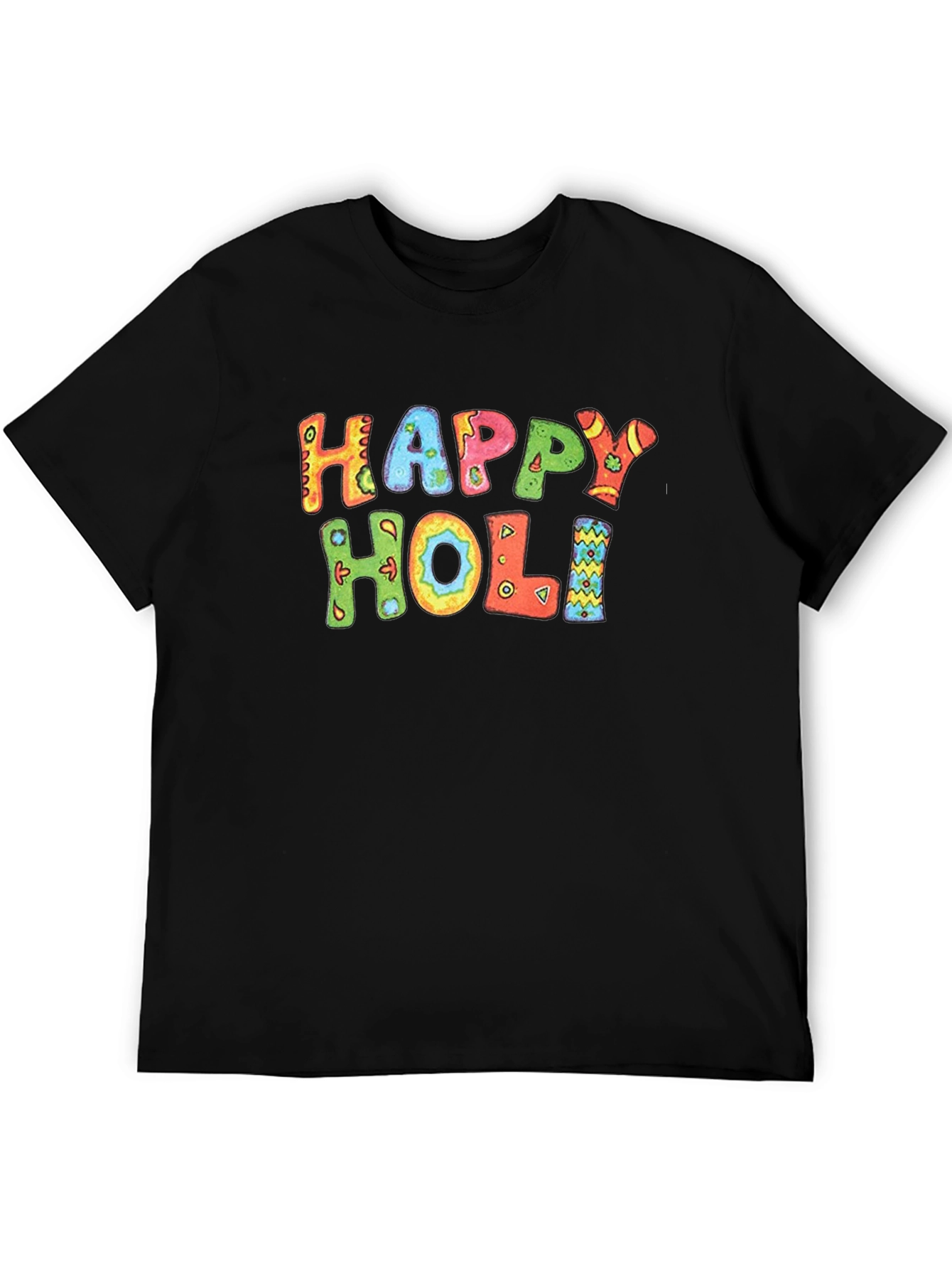 Happy Holi Graphic Tee - Black Cotton Casual T-Shirt