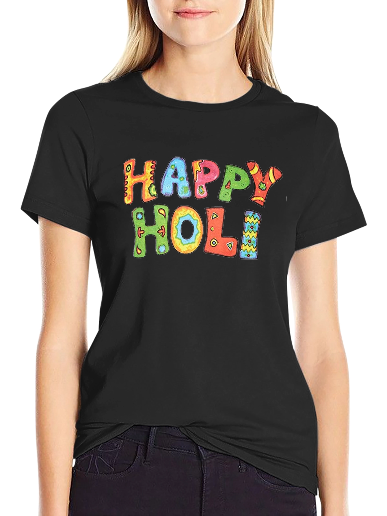 Happy Holi Graphic Tee - Black Cotton Casual T-Shirt