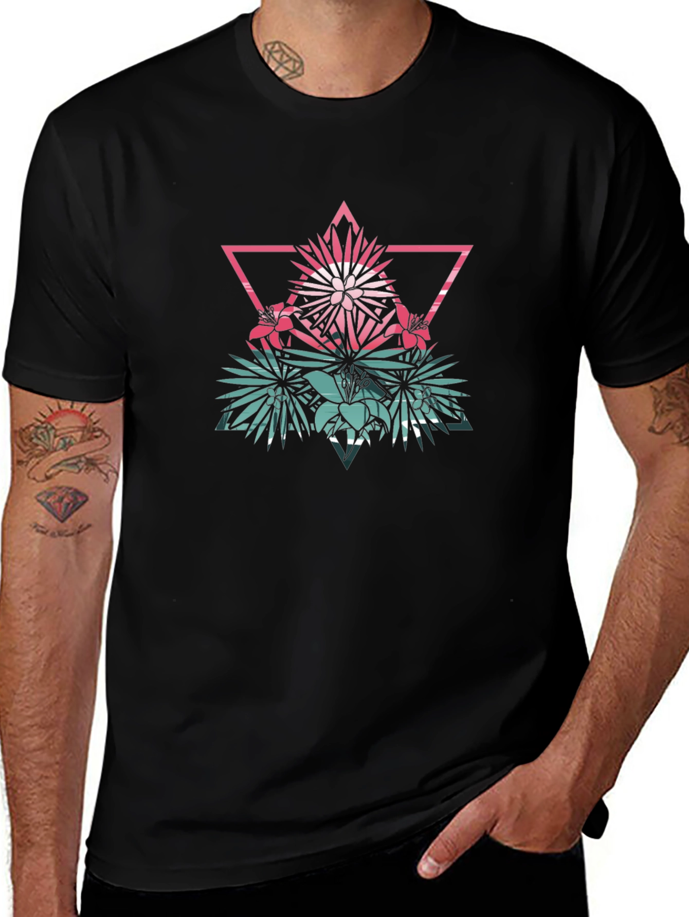 Geometric Floral T-Shirt - Mens Black Tee