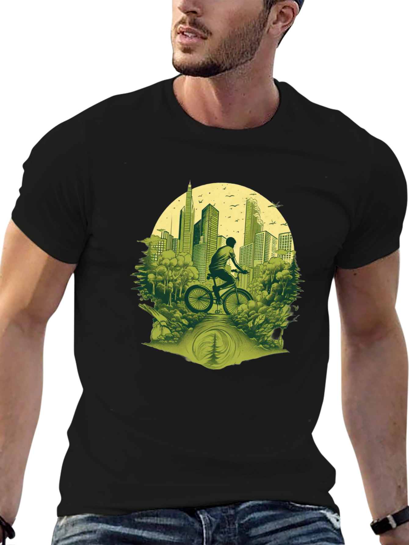 Cityscape Biker Graphic Tee - Nature Meets Urban Style