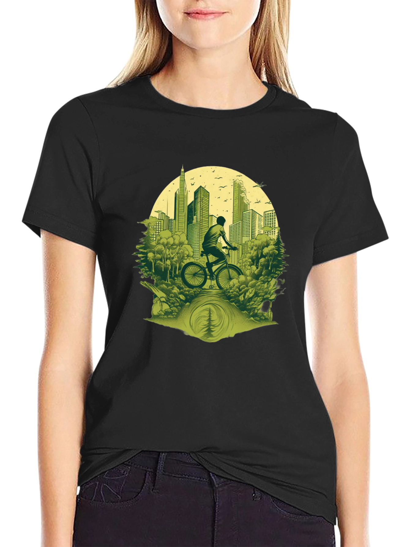 Cityscape Biker Graphic Tee - Nature Meets Urban Style