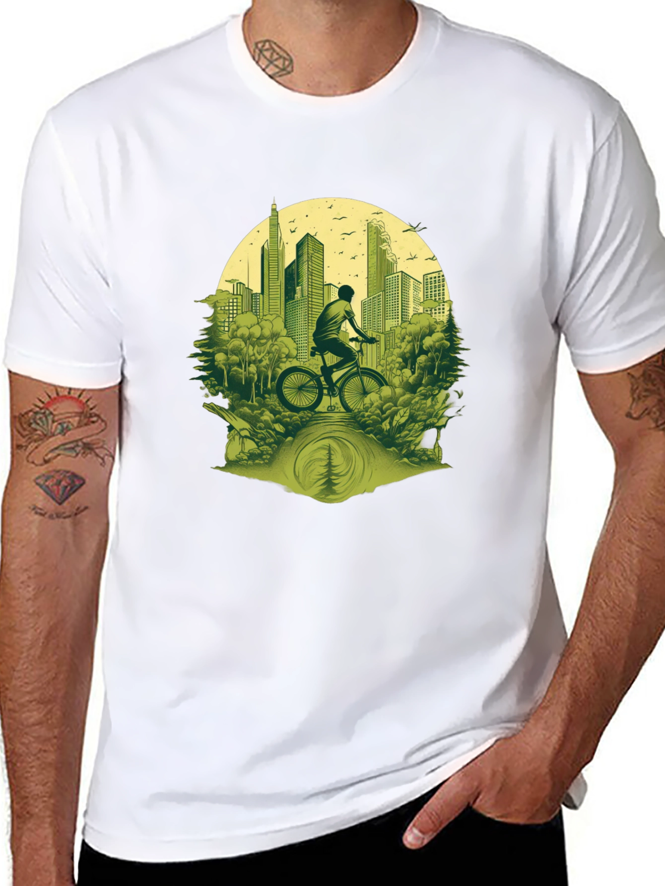 Cityscape Biker Graphic Tee - Nature Meets Urban Style