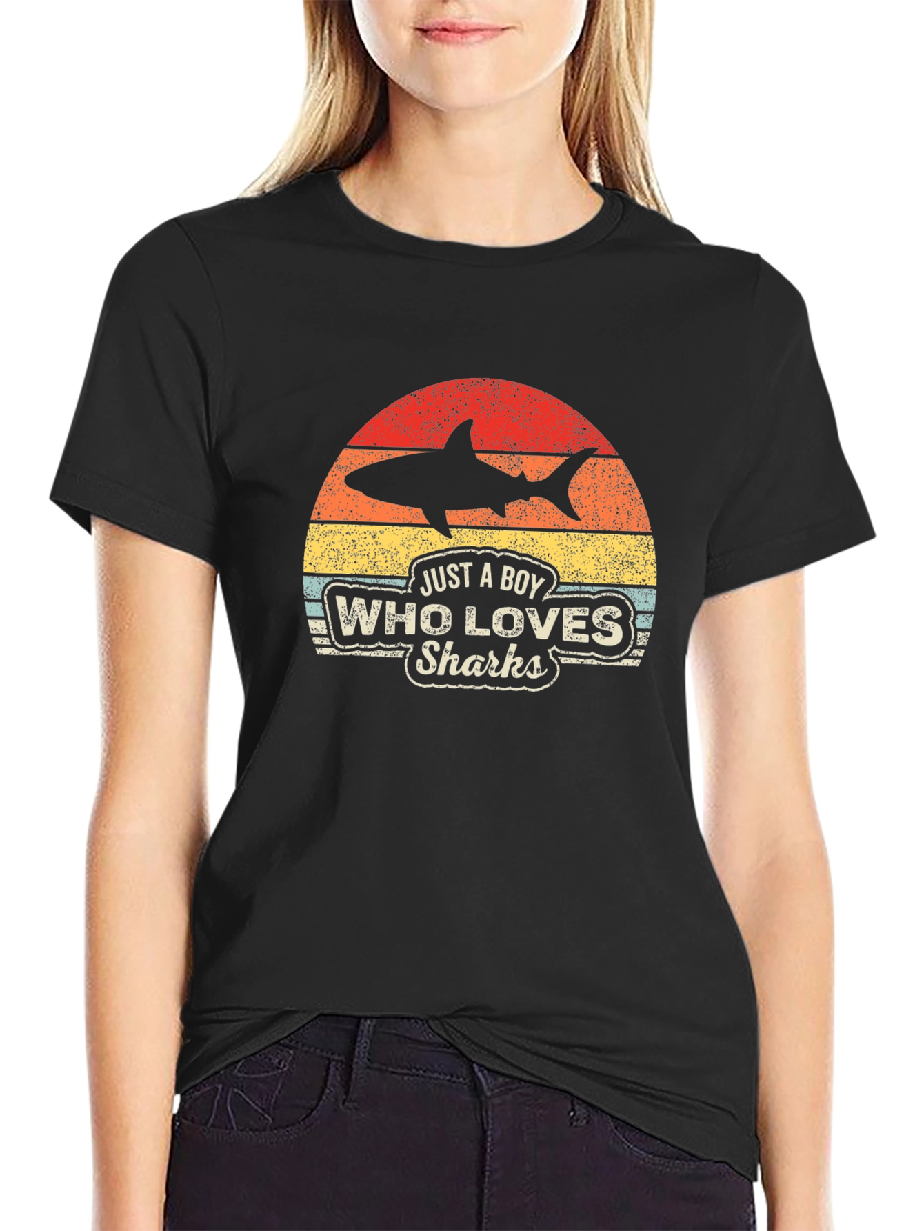Boy Who Loves Sharks Black T-Shirt - Retro Style