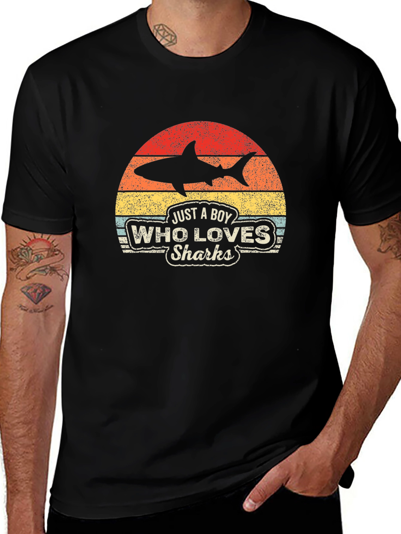 Boy Who Loves Sharks Black T-Shirt - Retro Style