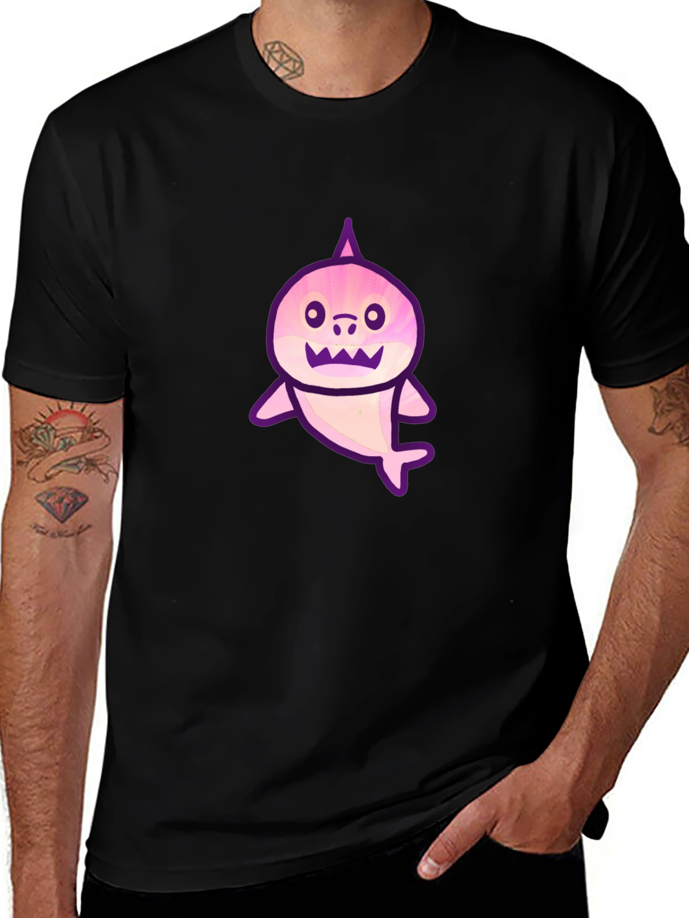 Black T-Shirt with Cartoon Shark Graphic