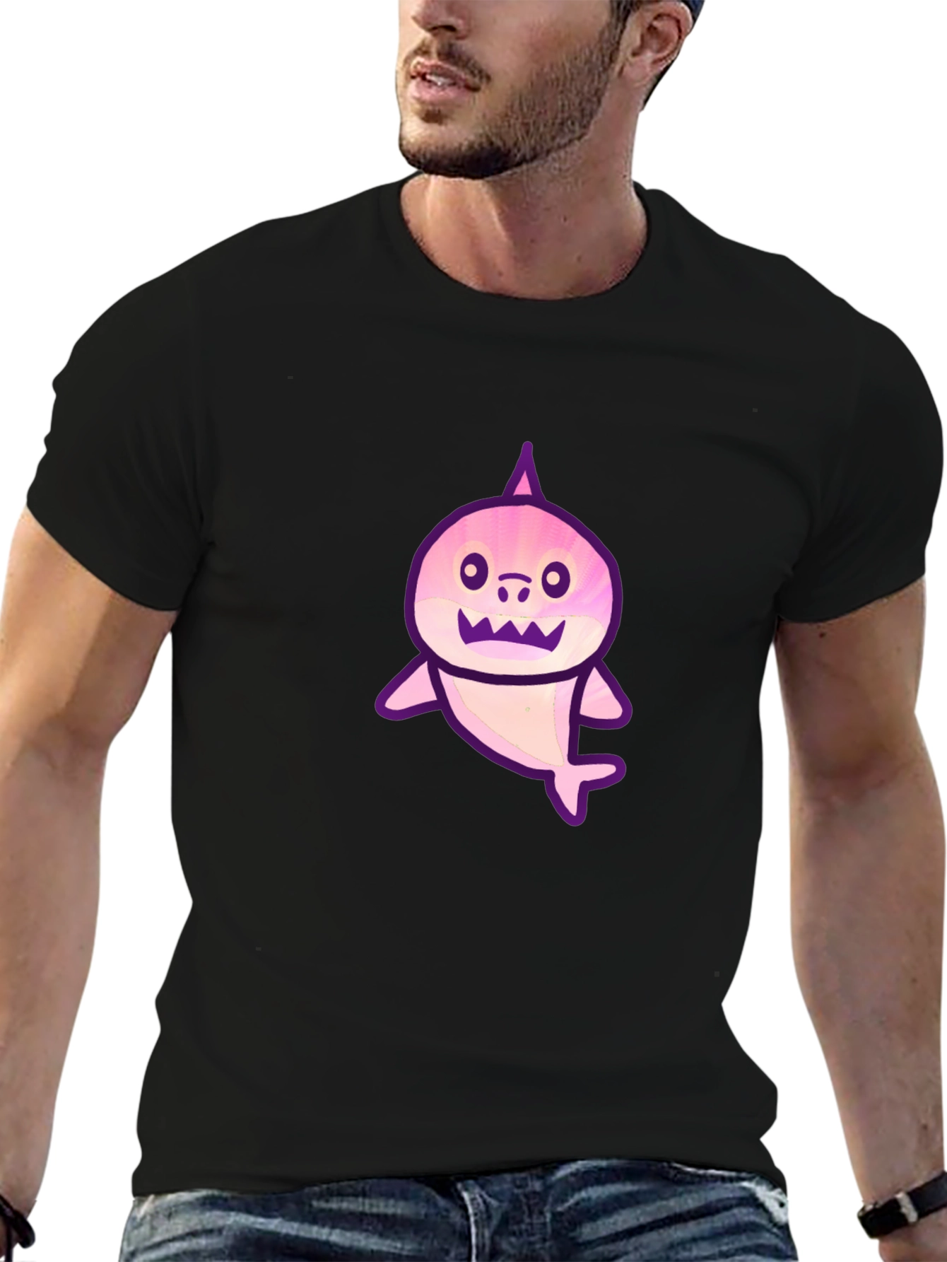 Black T-Shirt with Cartoon Shark Graphic