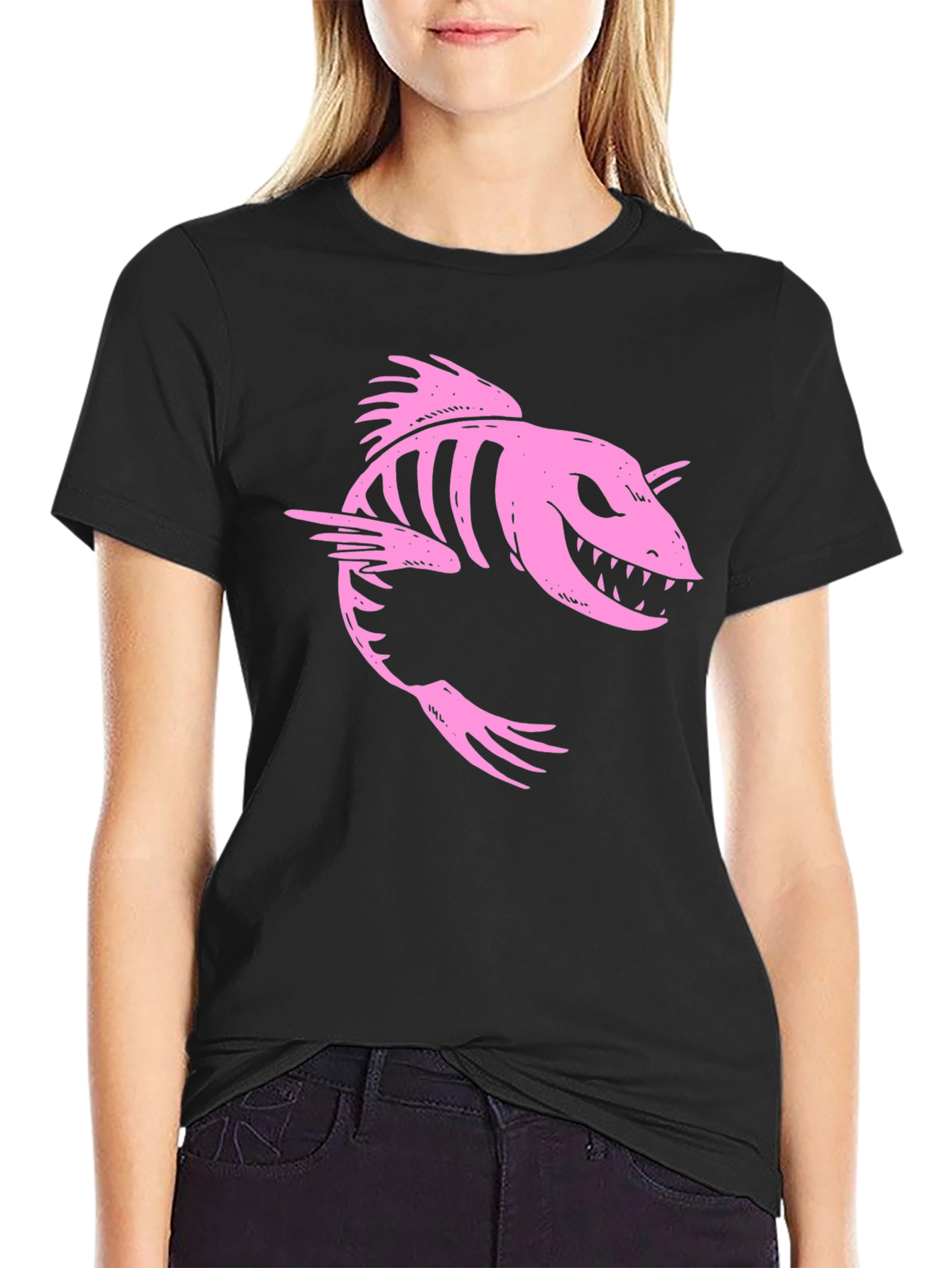Pink Skeleton Fish Graphic Black T-Shirt