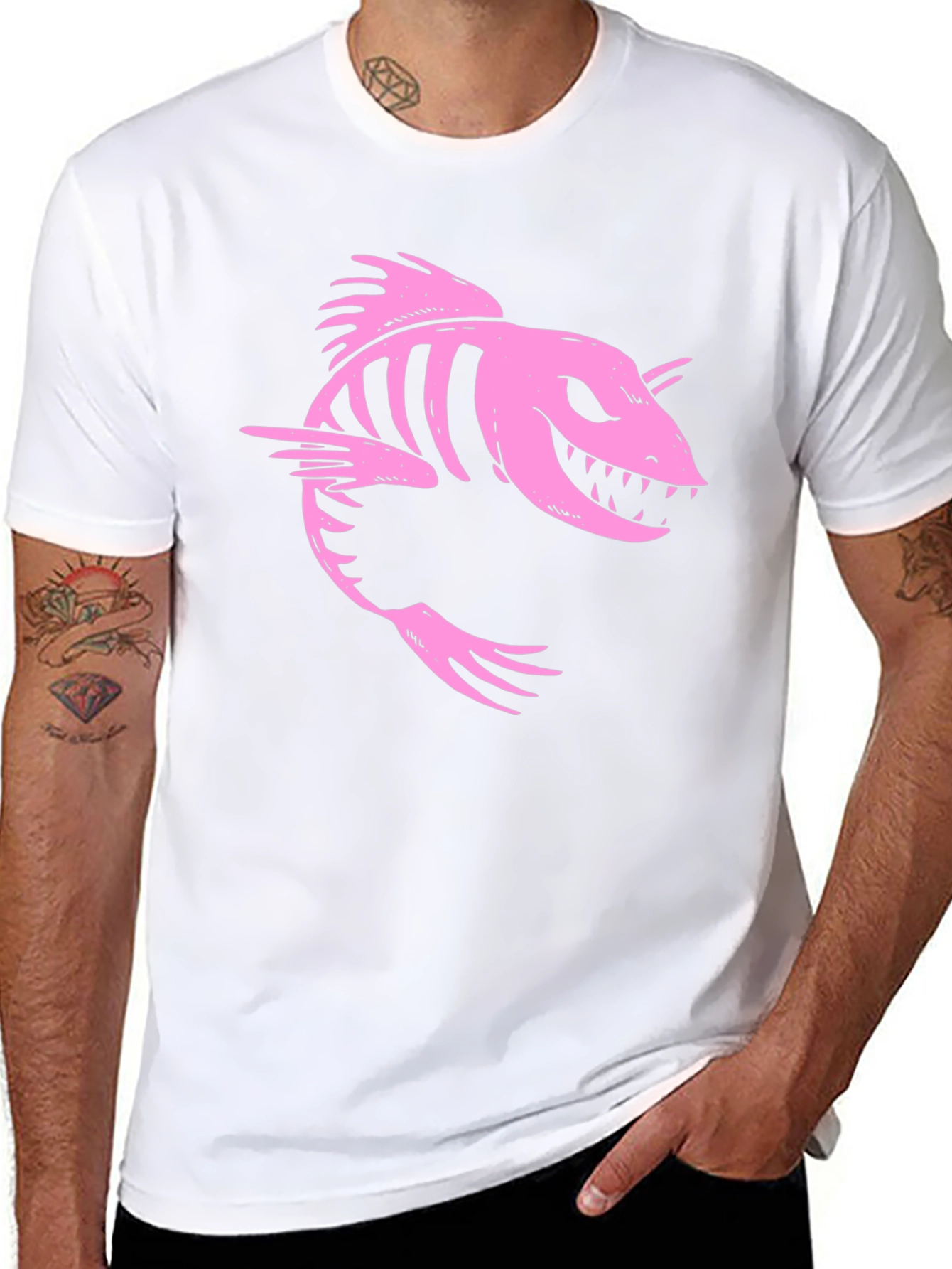 Pink Skeleton Fish Graphic Black T-Shirt