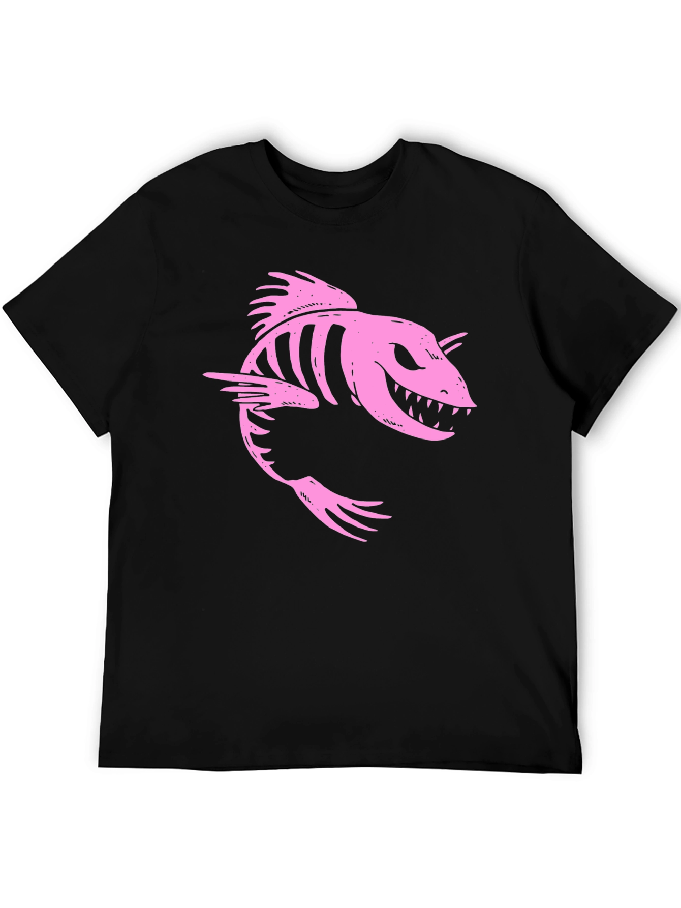 Pink Skeleton Fish Graphic Black T-Shirt