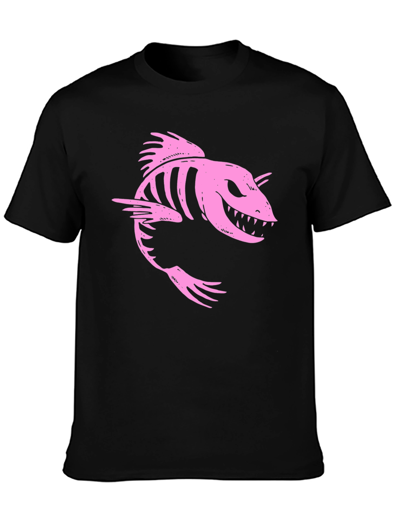 Pink Skeleton Fish Graphic Black T-Shirt