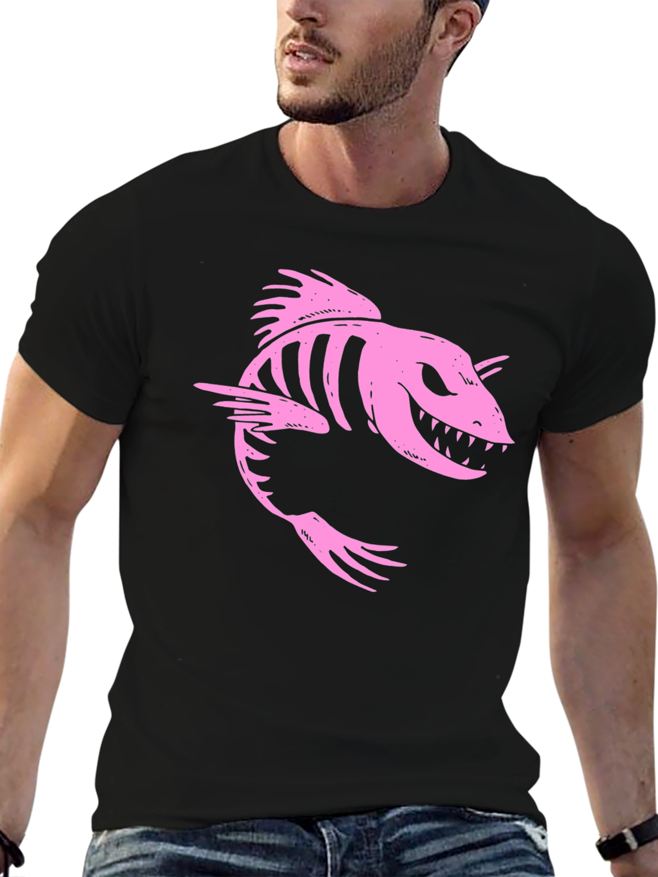 Pink Skeleton Fish Graphic Black T-Shirt