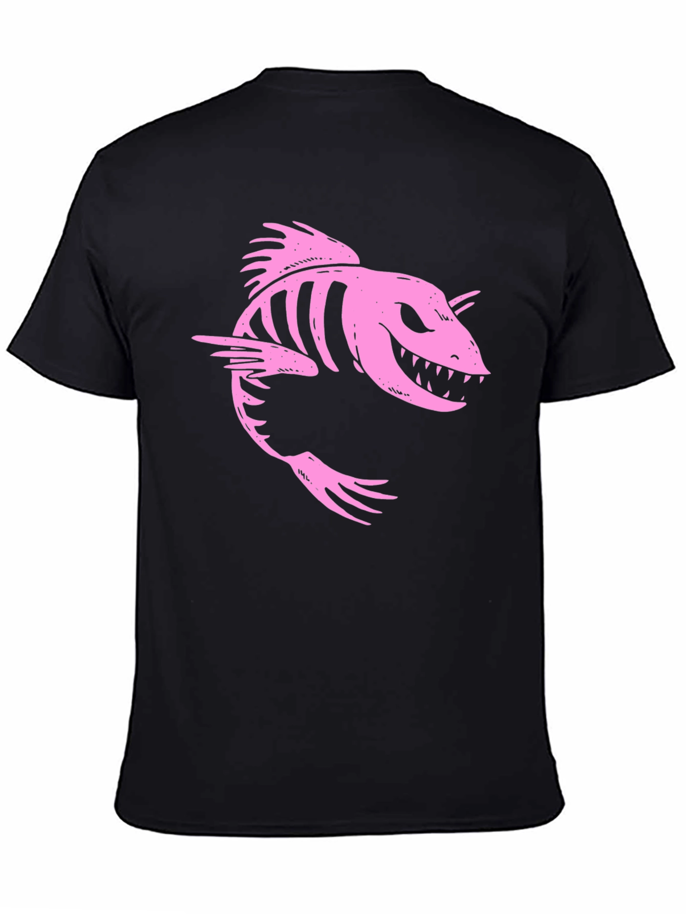 Pink Skeleton Fish Graphic Black T-Shirt