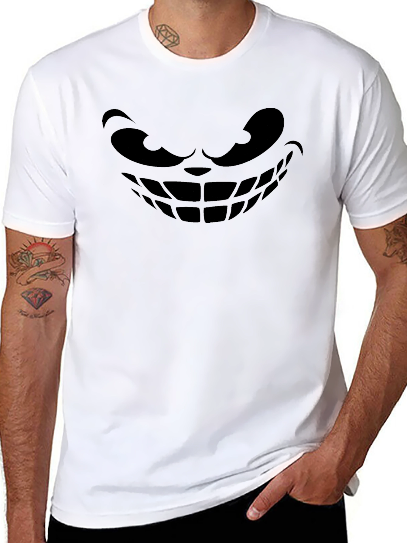 Mens Black T-Shirt with Grinning Face Graphic