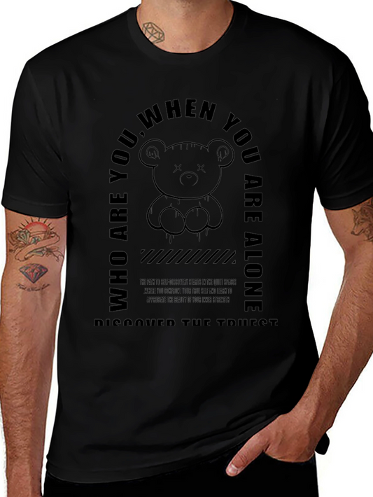 Mens Black Graphic T-Shirt - Who Are You? Bear Design