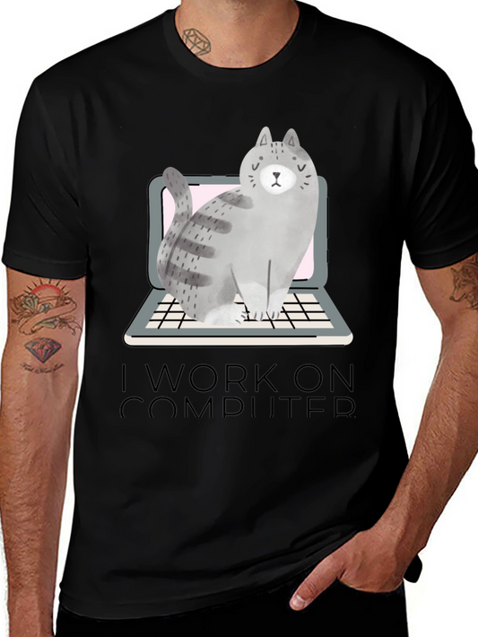 Cat on Laptop T-Shirt - I Work on Computer Tee