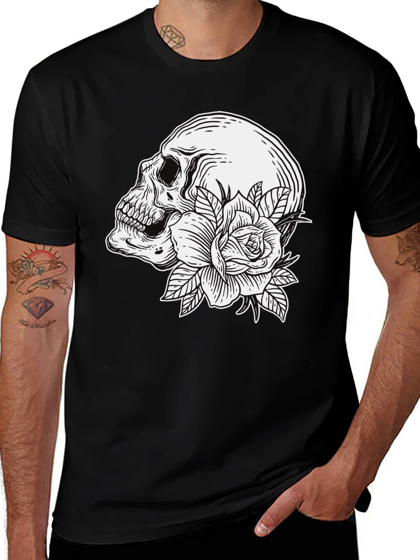 Skull and Rose Graphic T-Shirt - Mens Black Tee