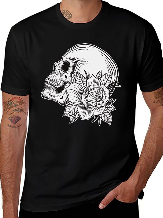 Skull and Rose Graphic T-Shirt - Mens Black Tee