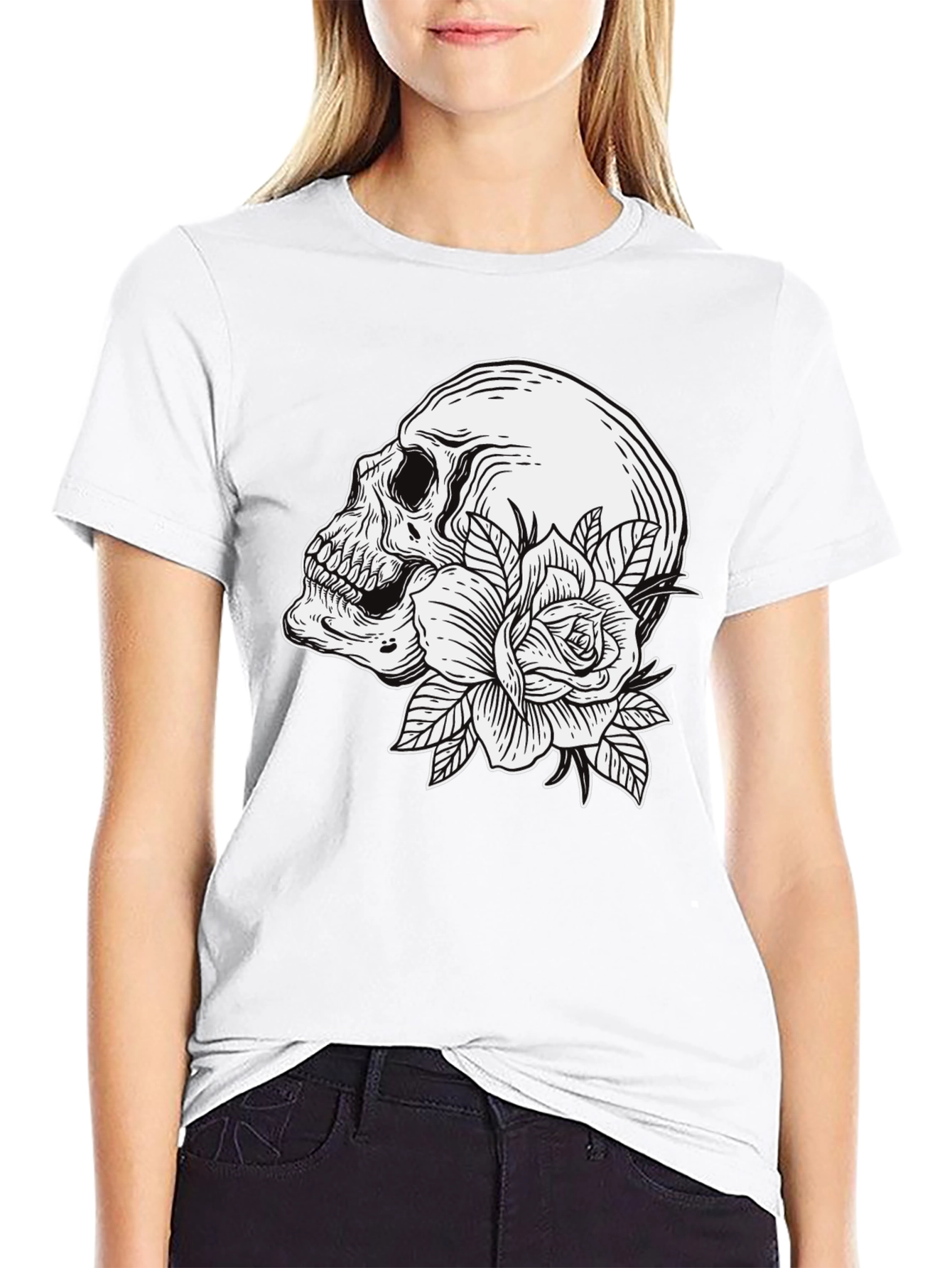 Skull and Rose Graphic T-Shirt - Mens Black Tee