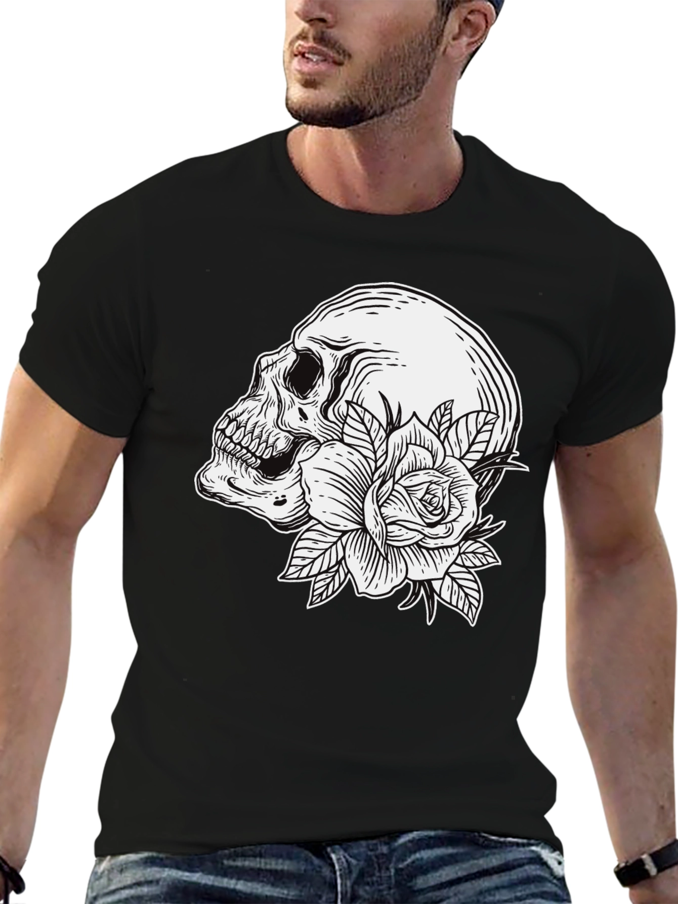 Skull and Rose Graphic T-Shirt - Mens Black Tee
