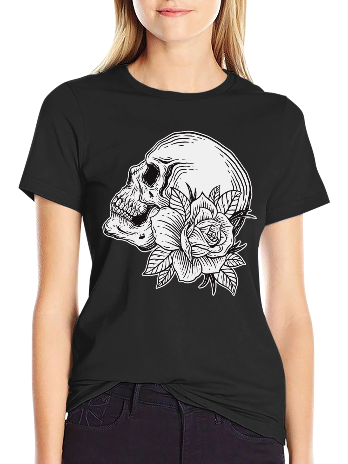 Skull and Rose Graphic T-Shirt - Mens Black Tee