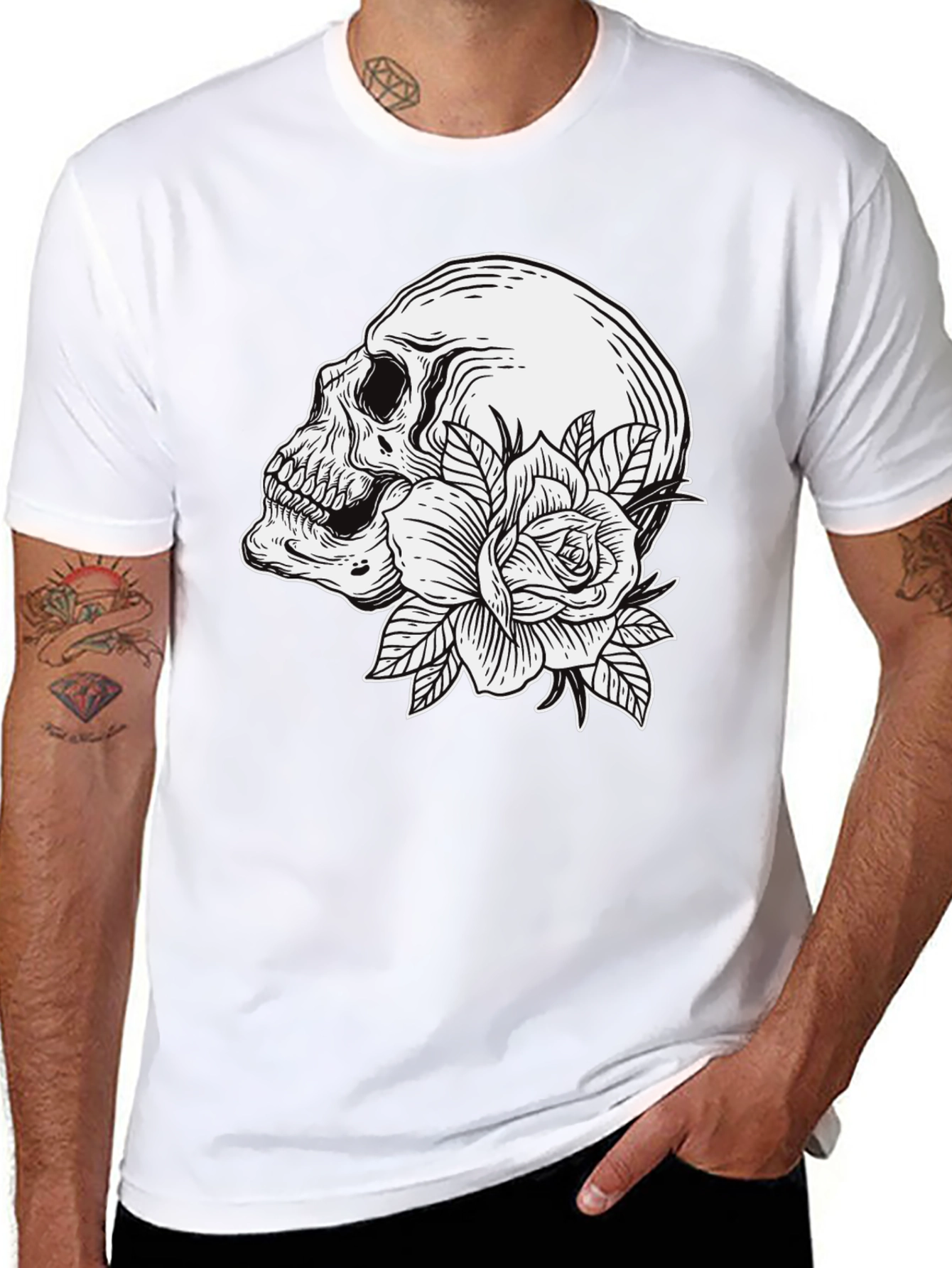 Skull and Rose Graphic T-Shirt - Mens Black Tee