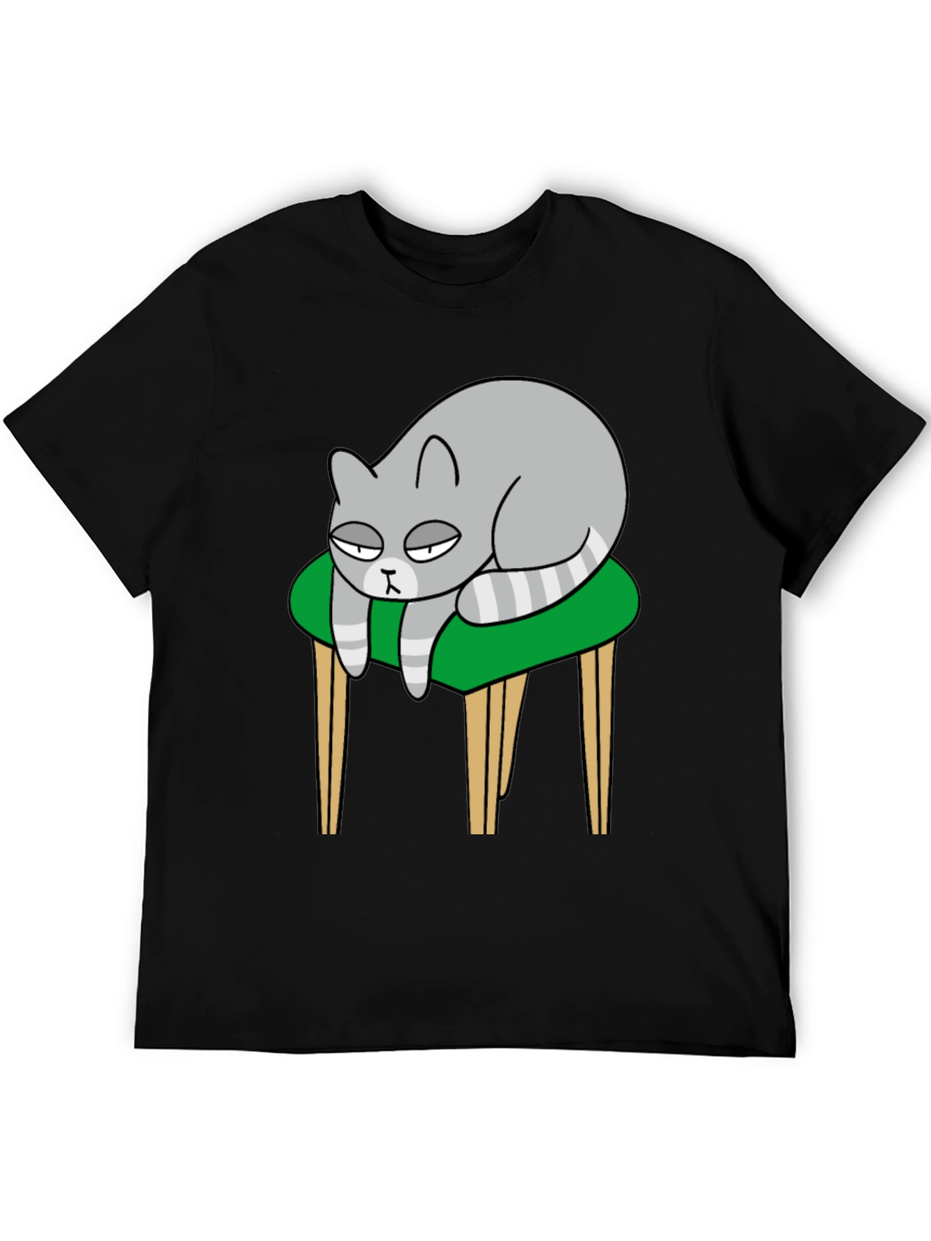 Lazy Cat on Stool T-Shirt - Black Cotton Tee