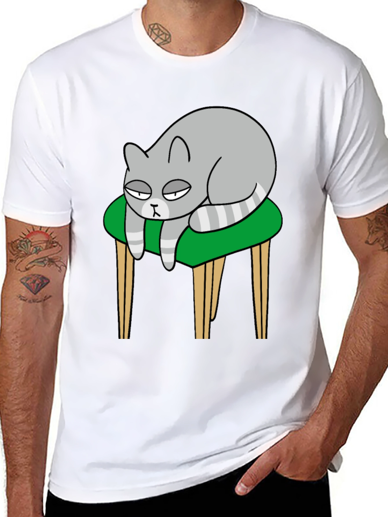 Lazy Cat on Stool T-Shirt - Black Cotton Tee