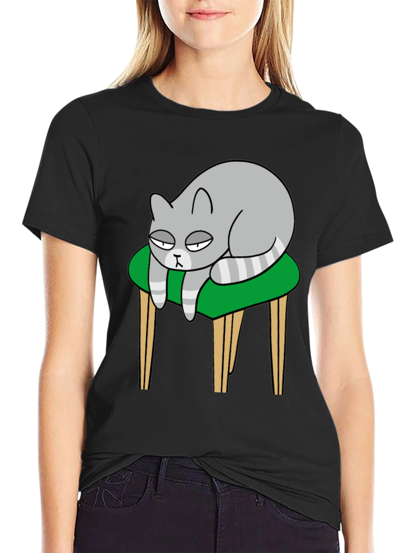 Lazy Cat on Stool T-Shirt - Black Cotton Tee