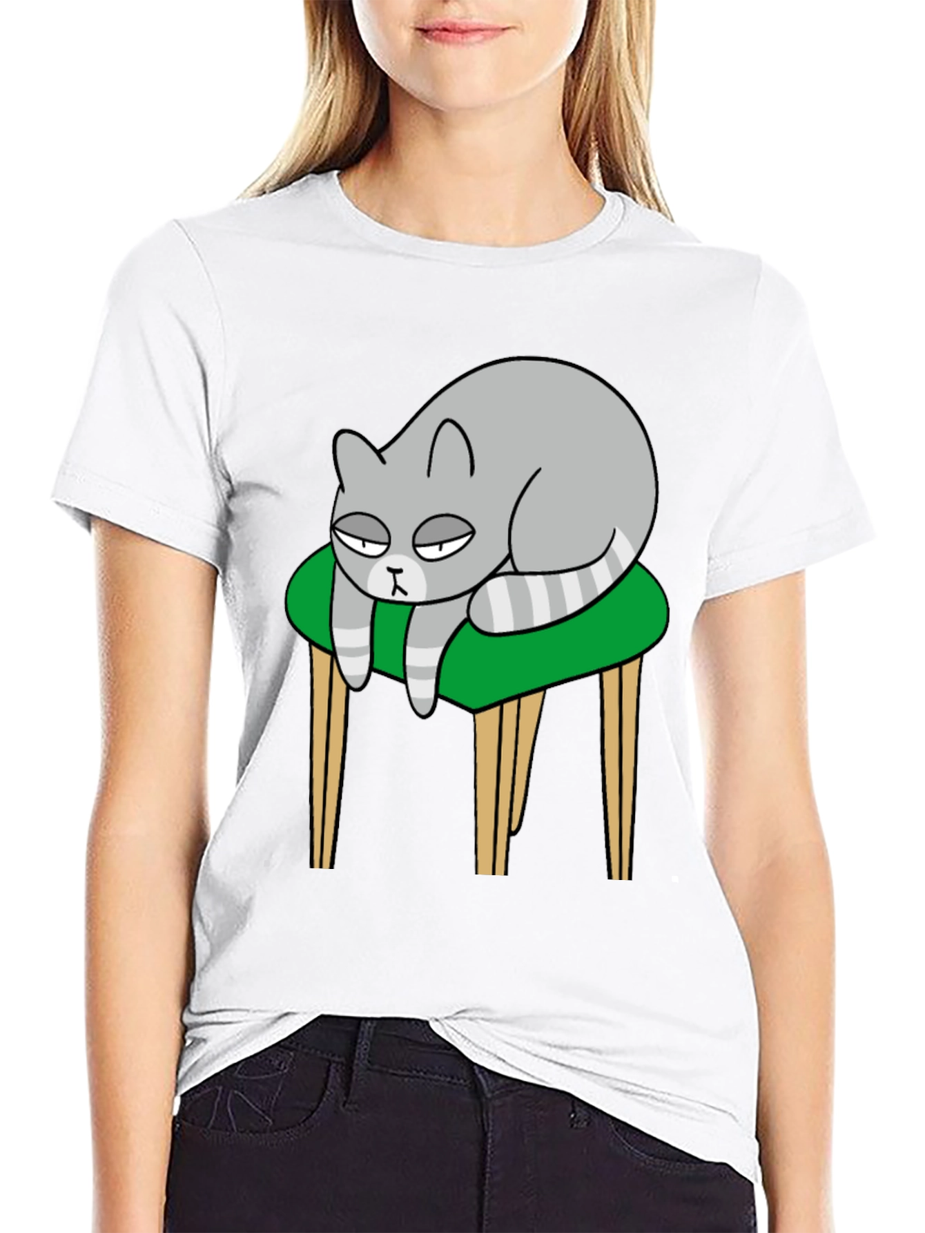 Lazy Cat on Stool T-Shirt - Black Cotton Tee