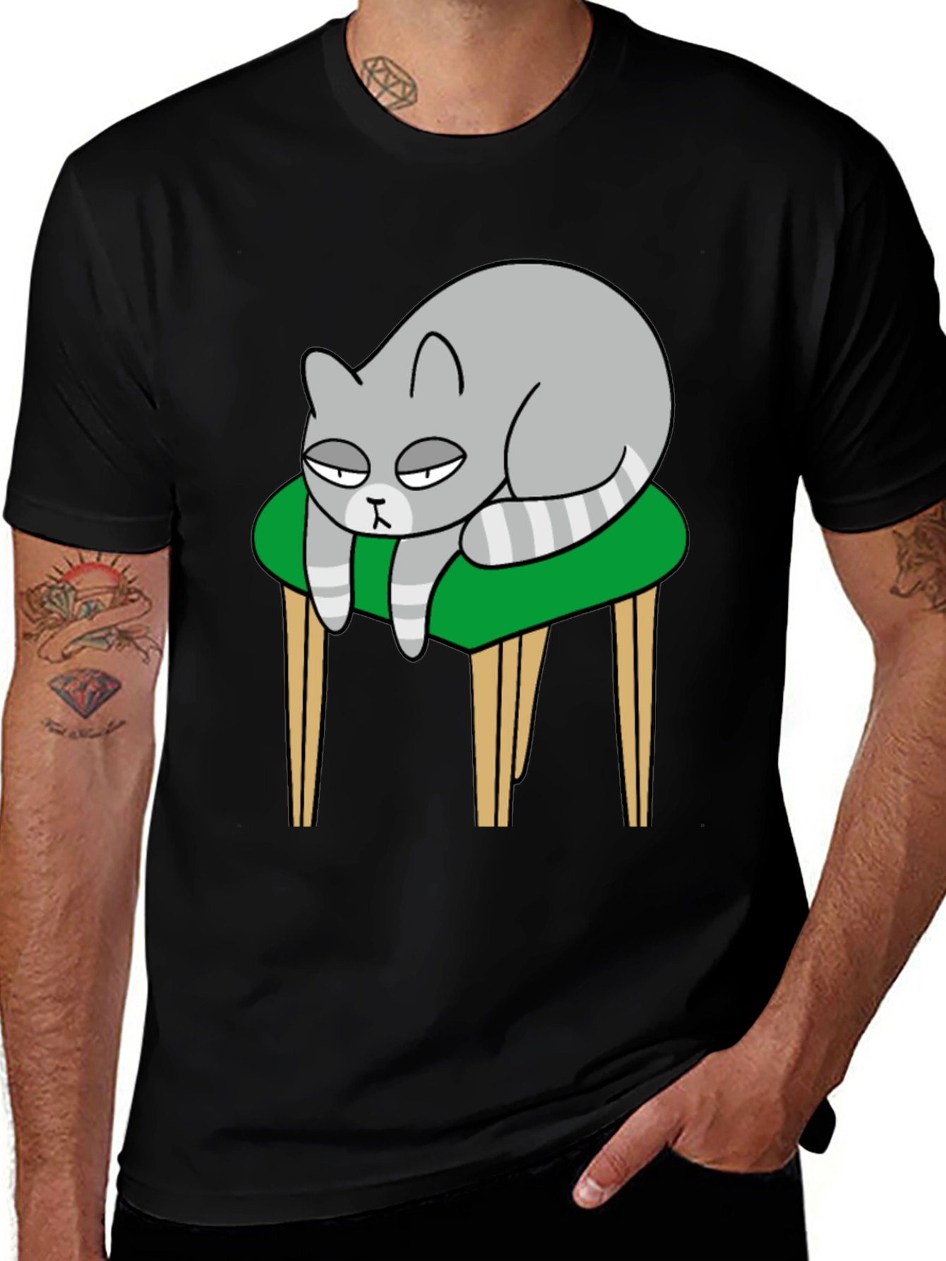 Lazy Cat on Stool T-Shirt - Black Cotton Tee