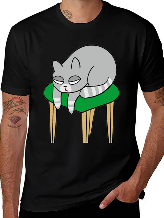 Lazy Cat on Stool T-Shirt - Black Cotton Tee