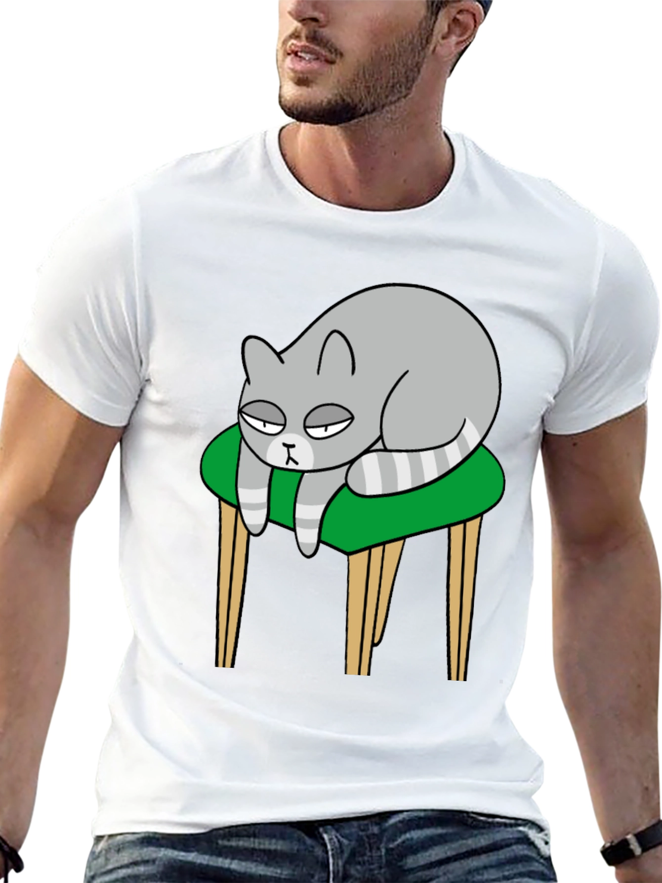 Lazy Cat on Stool T-Shirt - Black Cotton Tee