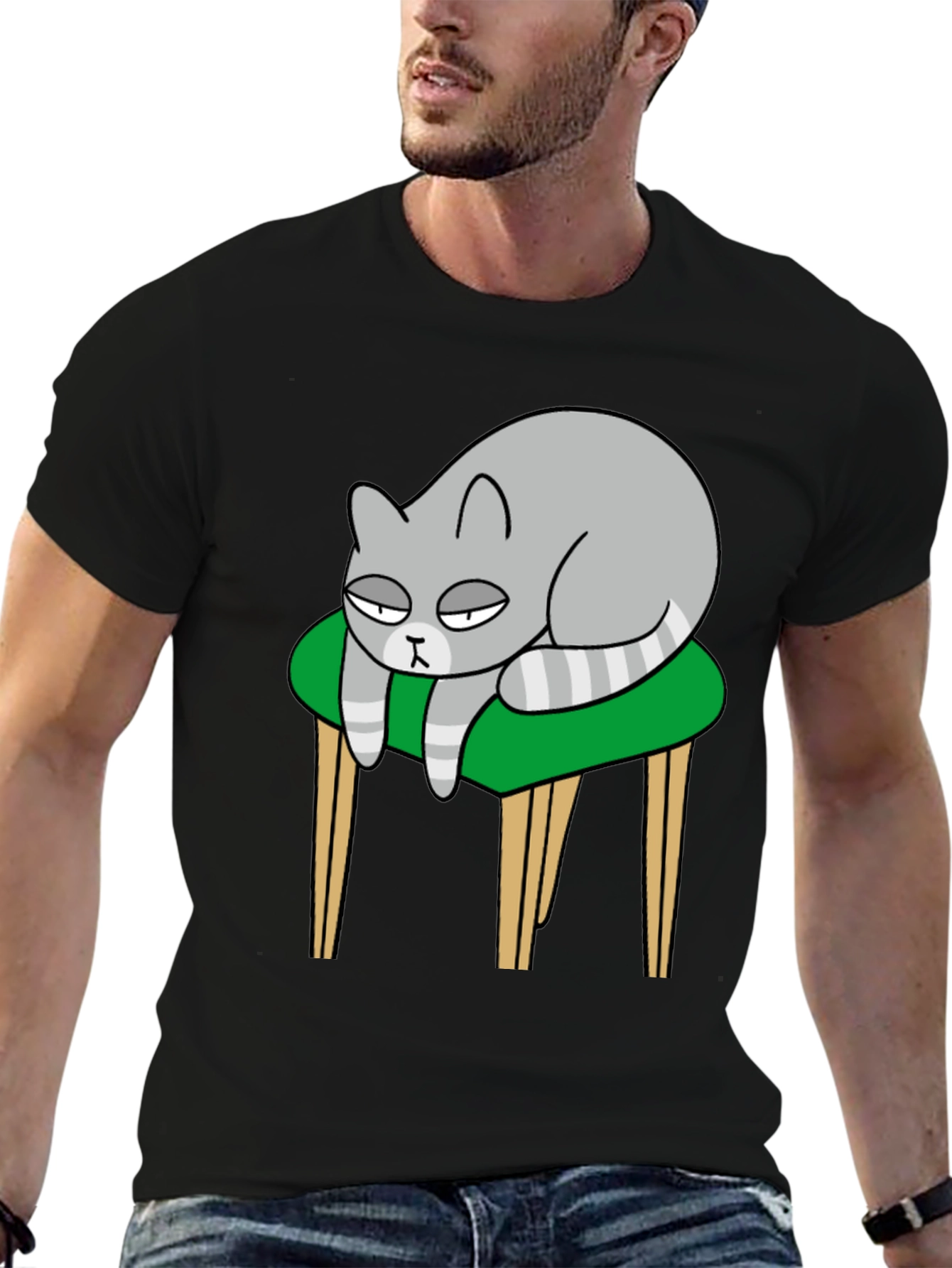 Lazy Cat on Stool T-Shirt - Black Cotton Tee