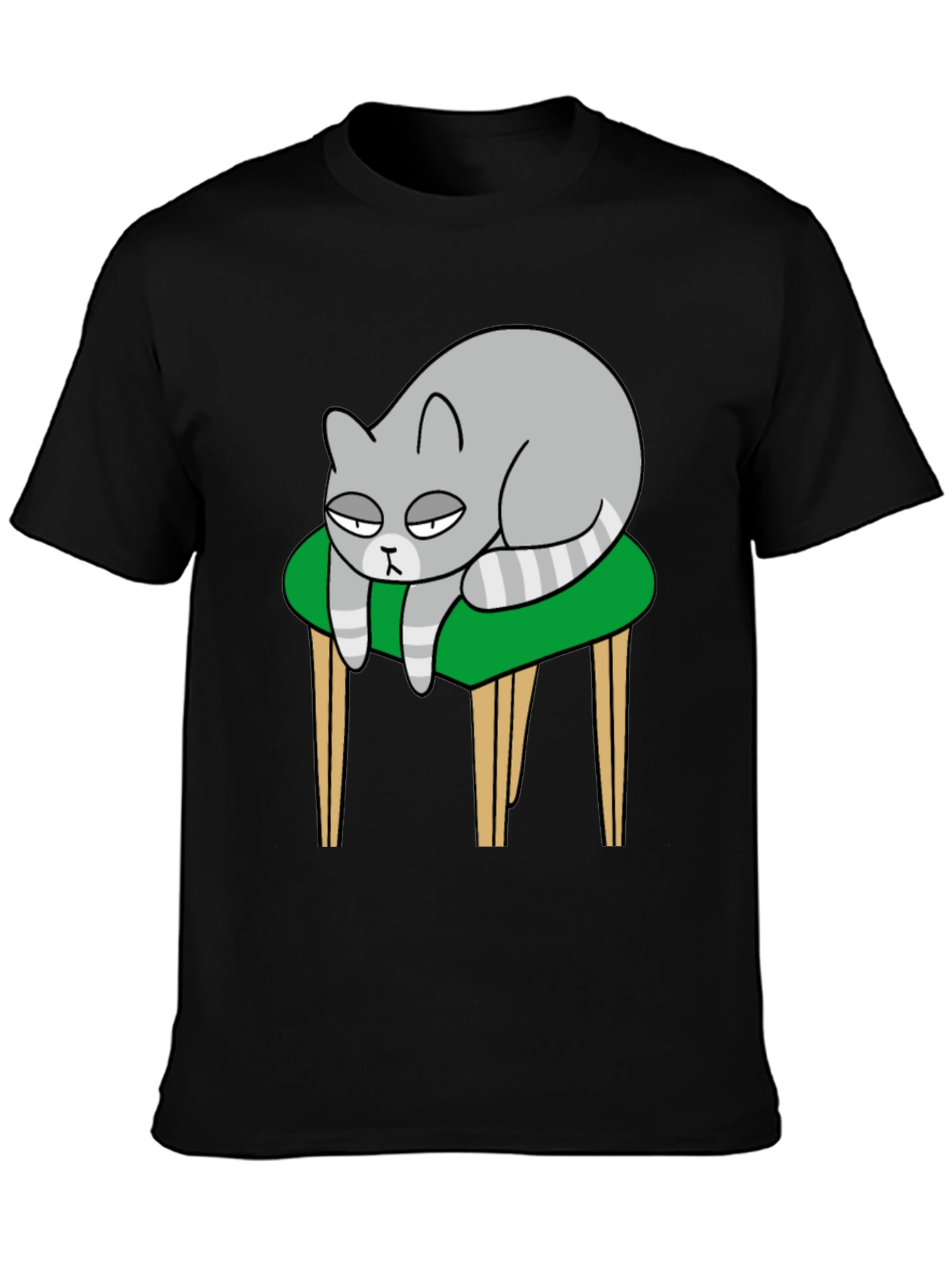 Lazy Cat on Stool T-Shirt - Black Cotton Tee