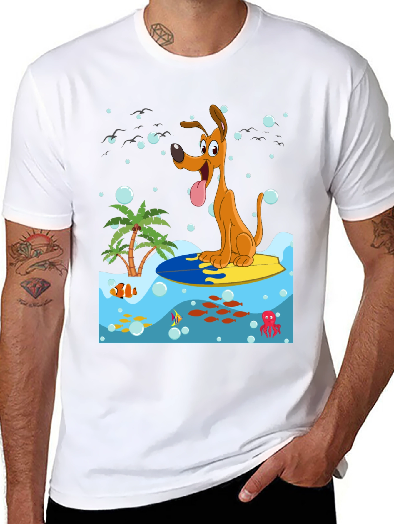 Surfing Dog Graphic Tee - Black Cotton Shirt