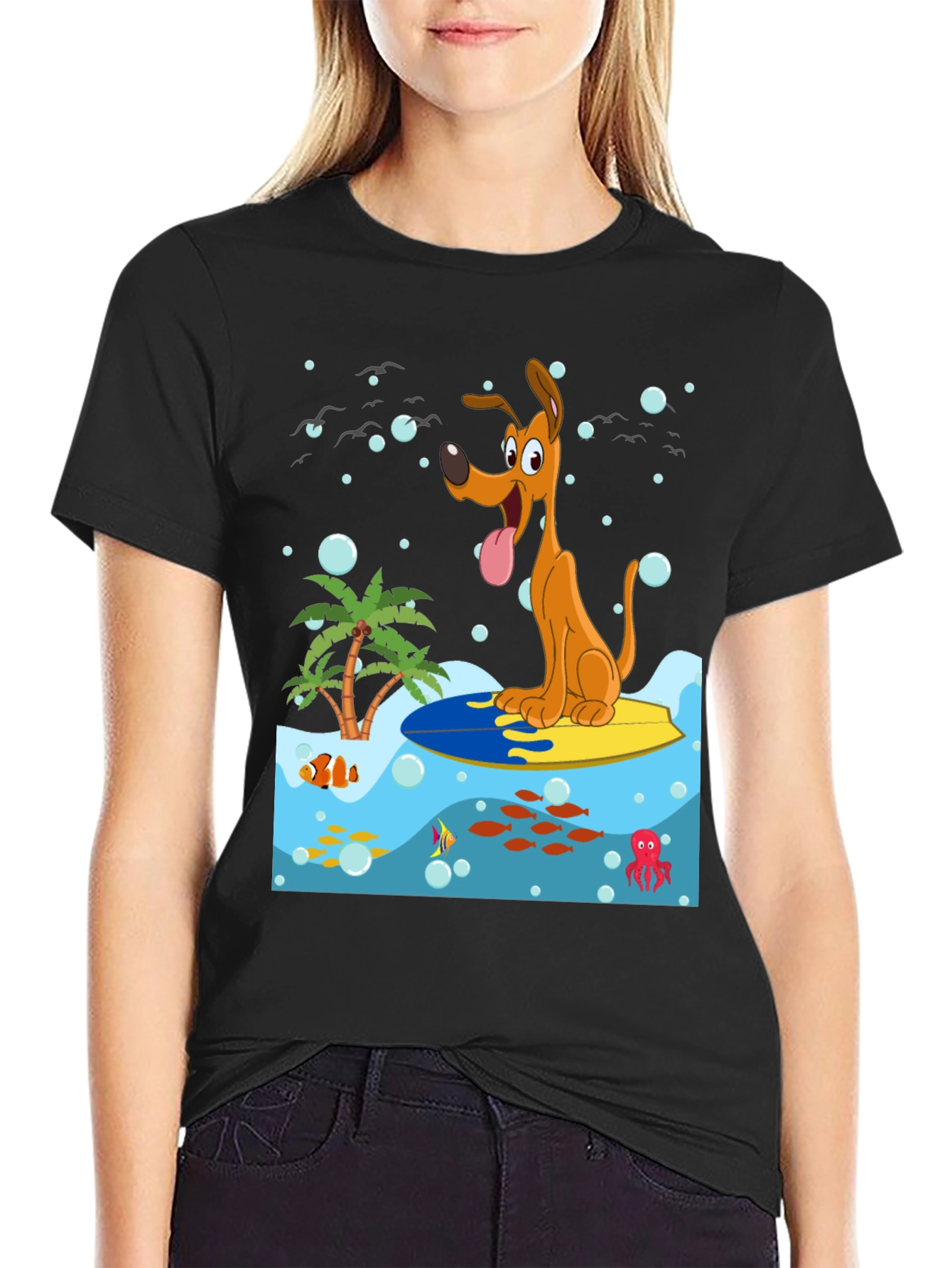 Surfing Dog Graphic Tee - Black Cotton Shirt
