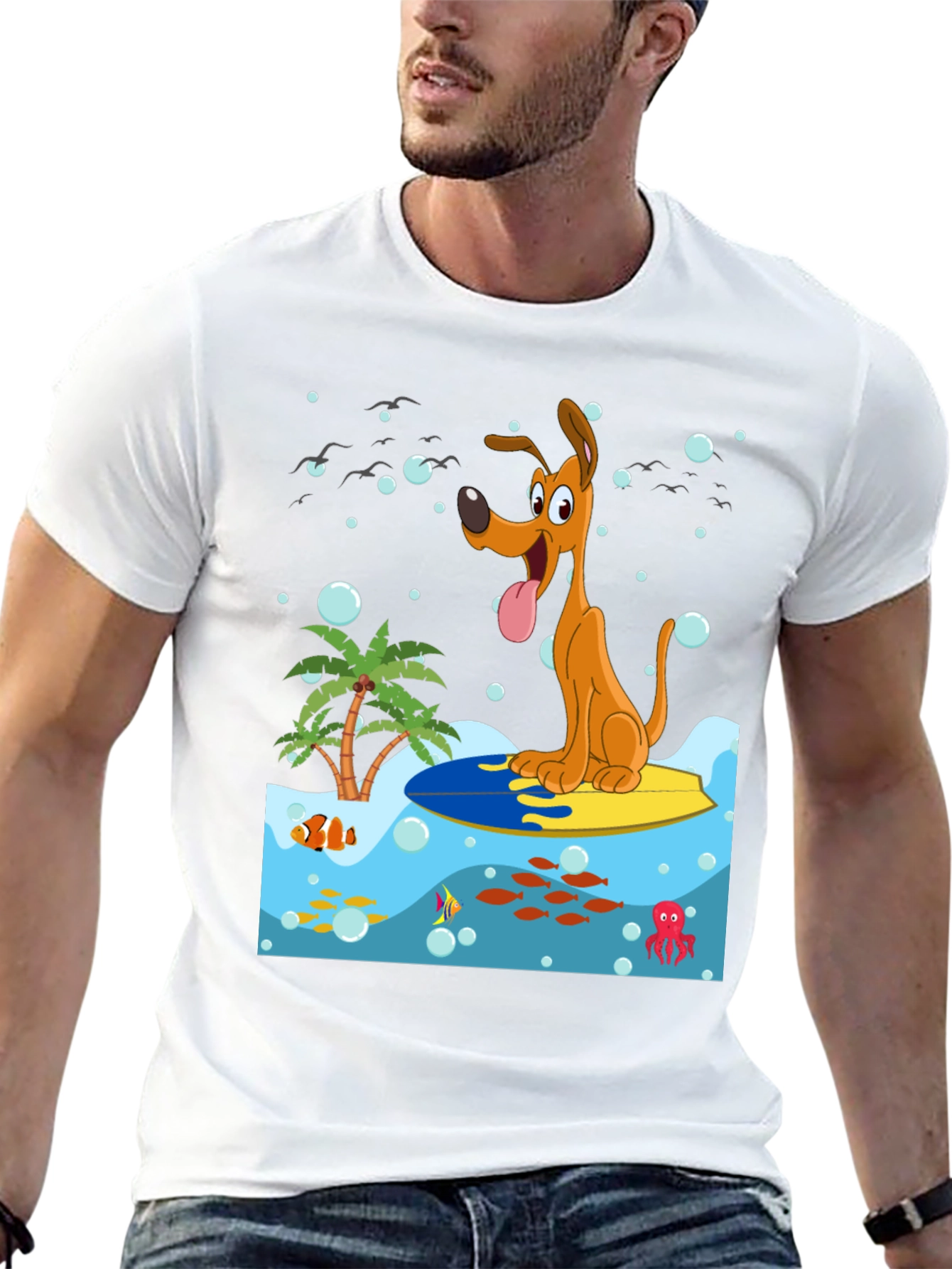 Surfing Dog Graphic Tee - Black Cotton Shirt