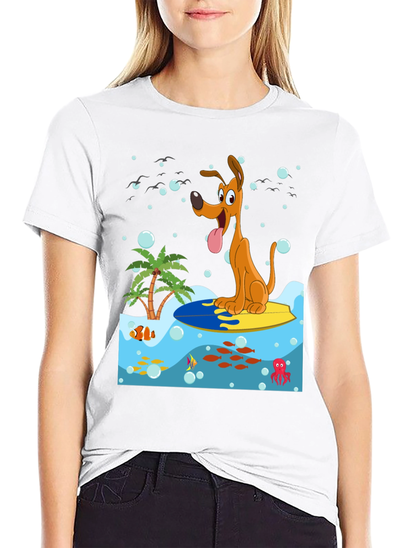 Surfing Dog Graphic Tee - Black Cotton Shirt