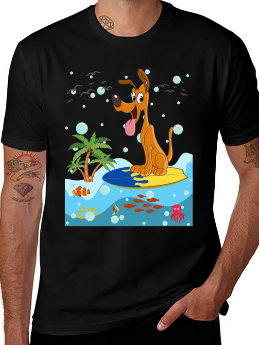 Surfing Dog Graphic Tee - Black Cotton Shirt
