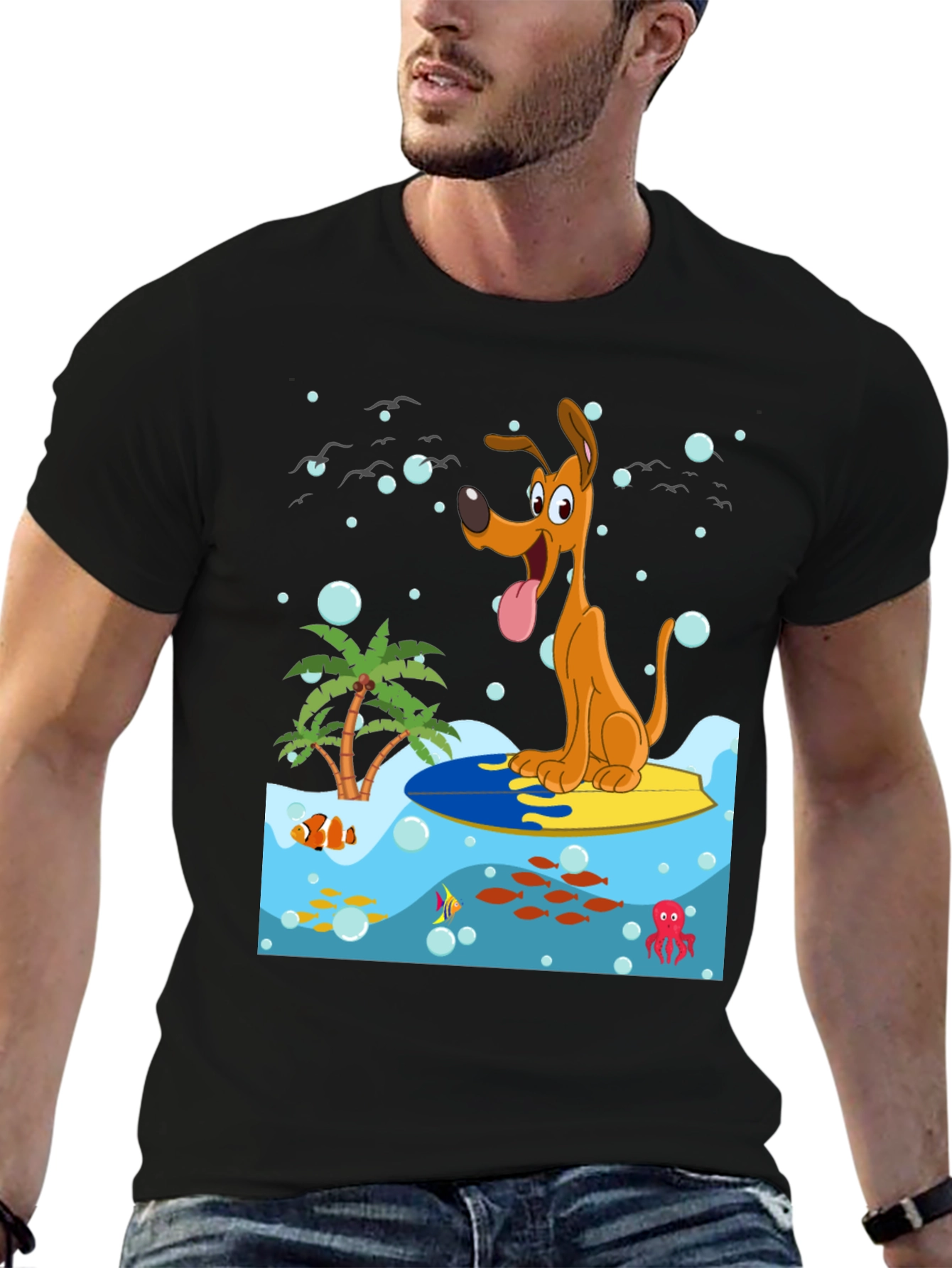 Surfing Dog Graphic Tee - Black Cotton Shirt